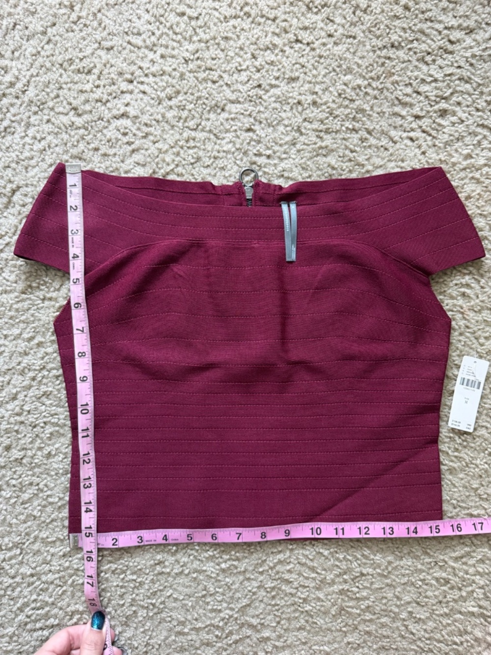 By Anthropologie Dark Wine Off-The-Shoulder Bandage Cropped Sweater Sz M NWT - Picture 13 of 13